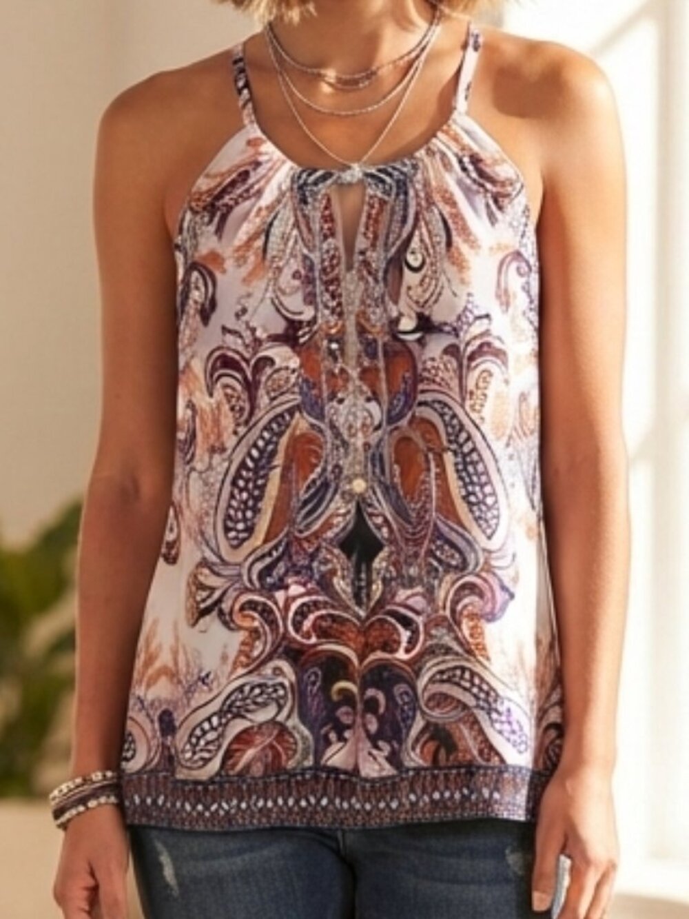INC International Concepts Sleeveless Halter Neck Beaded Paisley Print Top